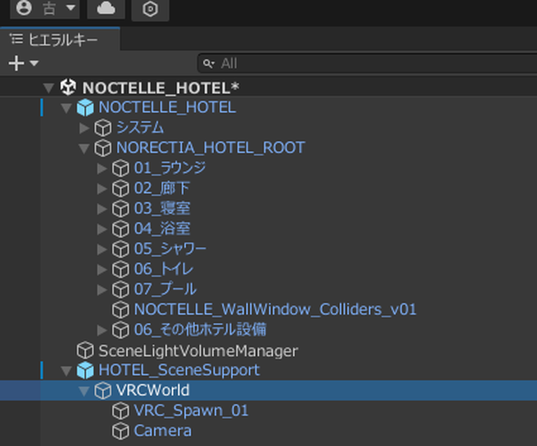HOTEL単独SceneのHierarchy